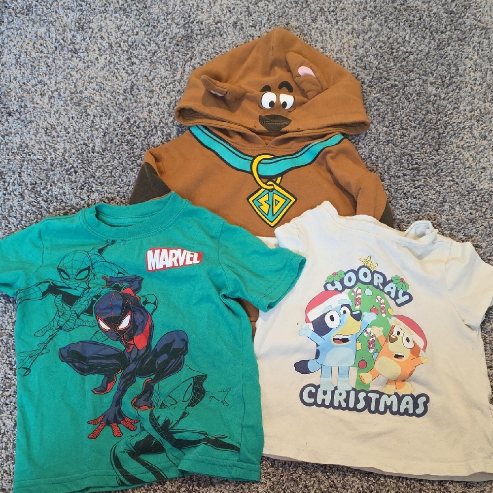 2T Character Top Lot | Scooby Hoodie, Spiderman & Bluey T-Shirts